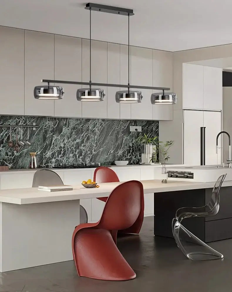 DecorBites™ Nordic pendant lamp with four chrome cylindrical fixtures in cold white and warm white for dining rooms