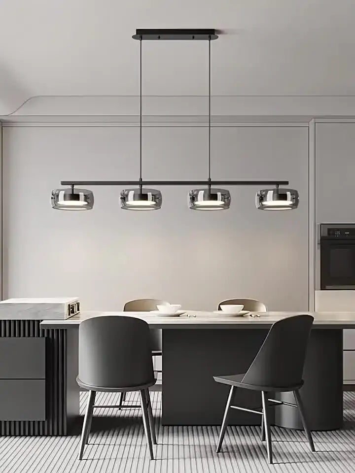 DecorBites™ nordic pendant lamp with modern black metal frame and four warm white circular glass shades for living rooms