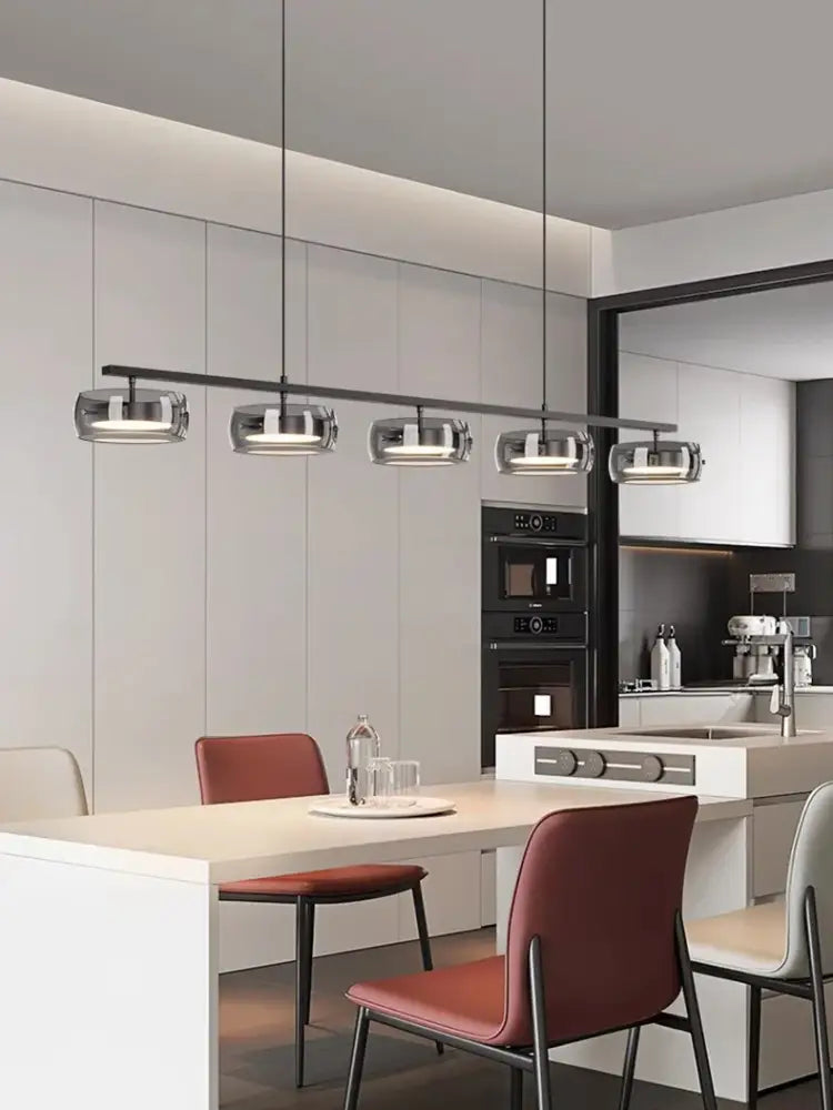 DecorBites™ nordic pendant lamp with five cylindrical glass shades in cold white and warm white for dining rooms