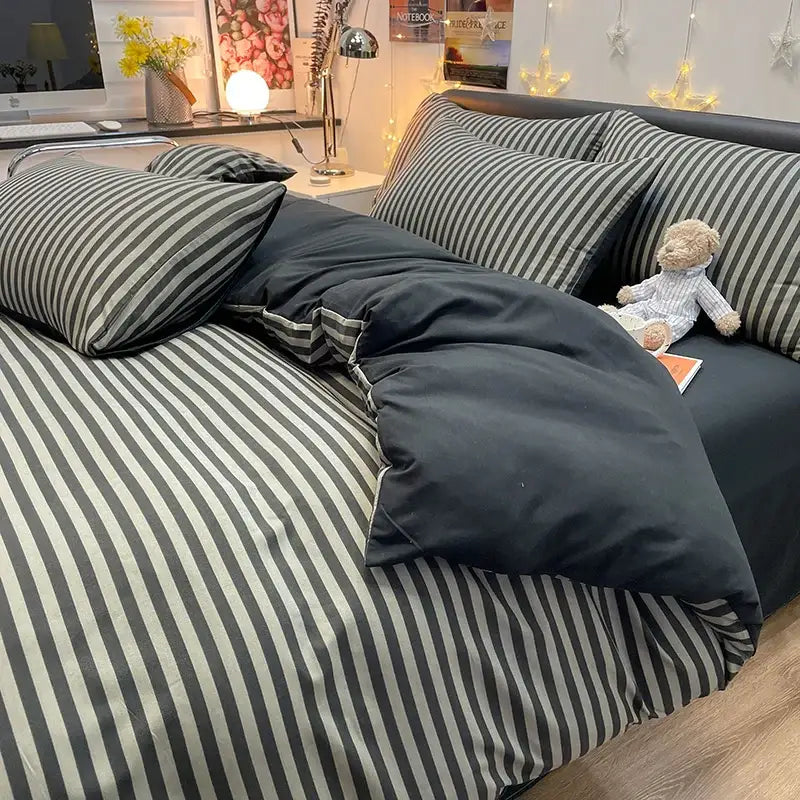 Decorbites™ nordic plaid cotton bedding set queen king with black and white striped duvet and matching pillowcases