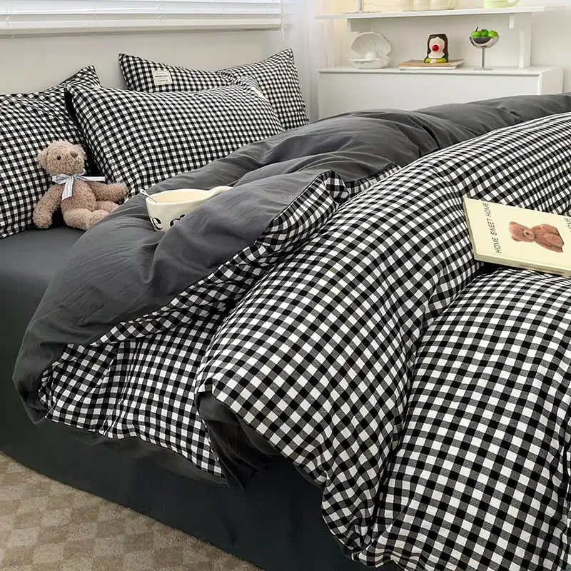 Decorbites nordic plaid black and white checkered cotton bedding set with soft plush texture queen king size