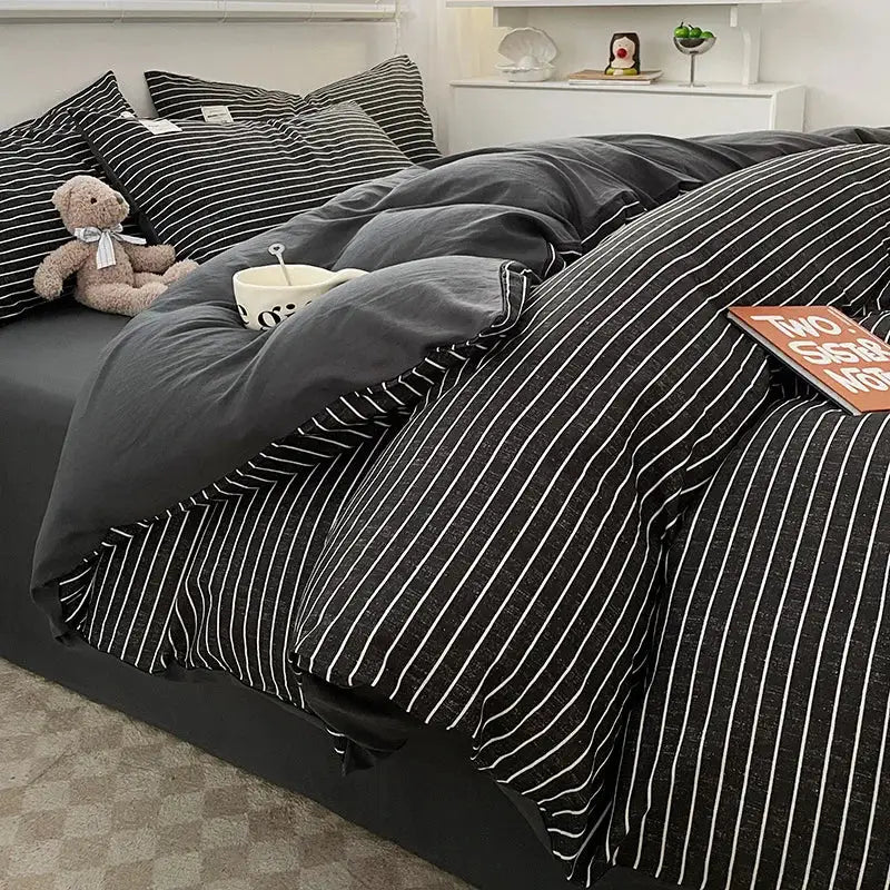 Decorbites nordic plaid cotton bedding set queen king with black and white striped duvet cover and soft textured fabric finish