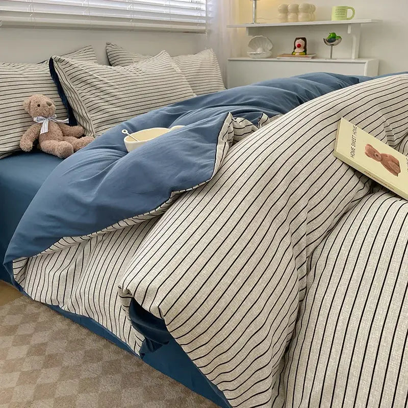 Decorbites nordic plaid cotton bedding set queen king with blue cream striped duvet and black vertical stripes