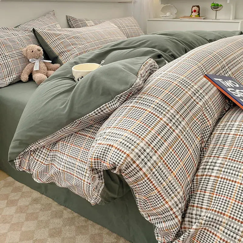 Decorbites nordic plaid cotton bedding set queen king with soft textured fabric in muted green and beige tones