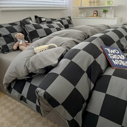 Gray and black checkered nordic plaid cotton bedding set from decorbites queen king duvet cover set