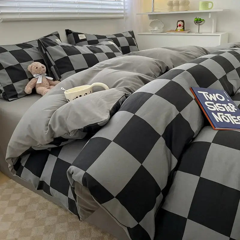 Gray and black checkered nordic plaid cotton bedding set from decorbites queen king duvet cover set