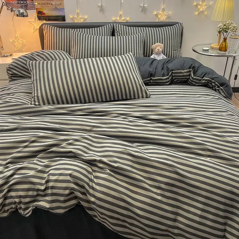 Gray and white striped nordic plaid cotton bedding set with a soft textured fabric finish by decorbites