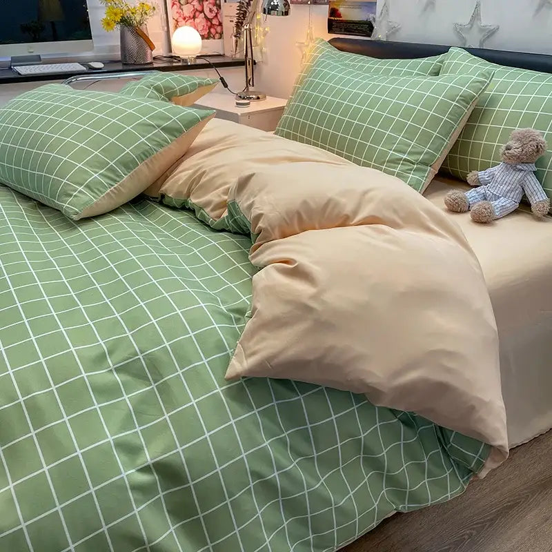 DecorBites™ nordic plaid green and beige cotton bedding set with soft cozy texture for queen and king beds