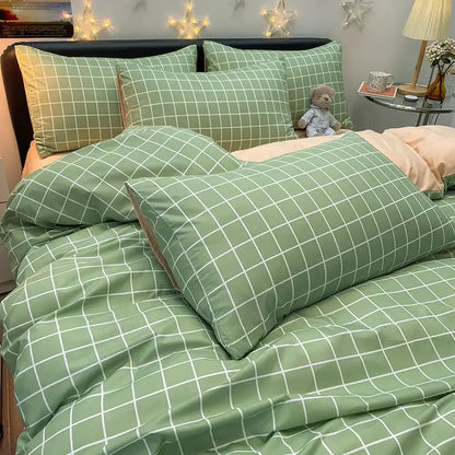 Decorbites™ nordic plaid cotton bedding set in green and white grid pattern with soft quilted texture for queen king beds