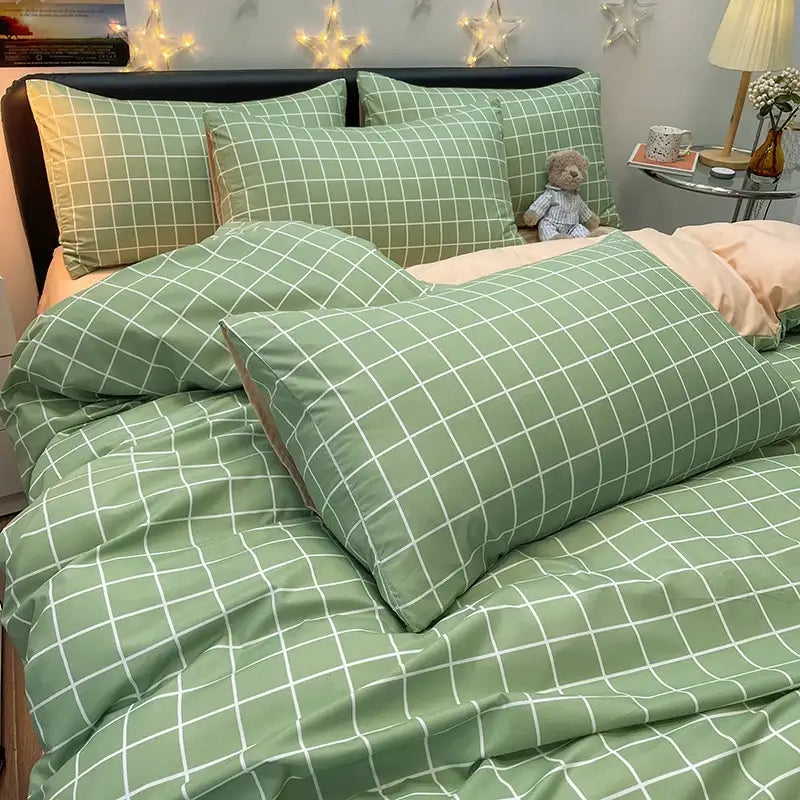 Decorbites™ nordic plaid cotton bedding set in green and white grid pattern with soft quilted texture for queen king beds
