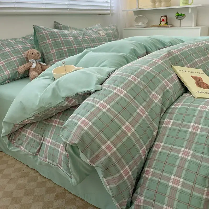 DecorBites™ nordic plaid cotton bedding set in mint green and pink plaid with soft cotton fabric for queen king beds