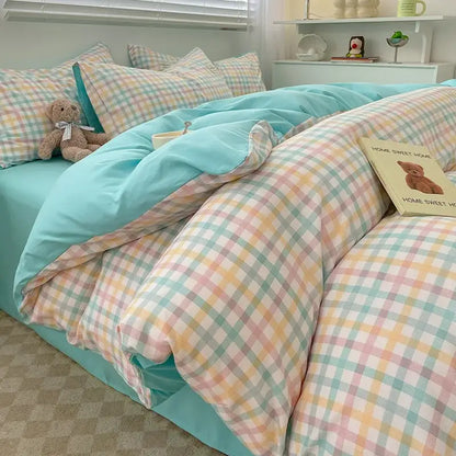 Decorbites nordic plaid cotton bedding set queen king with pastel checkered duvet cover in mint green and peach tones