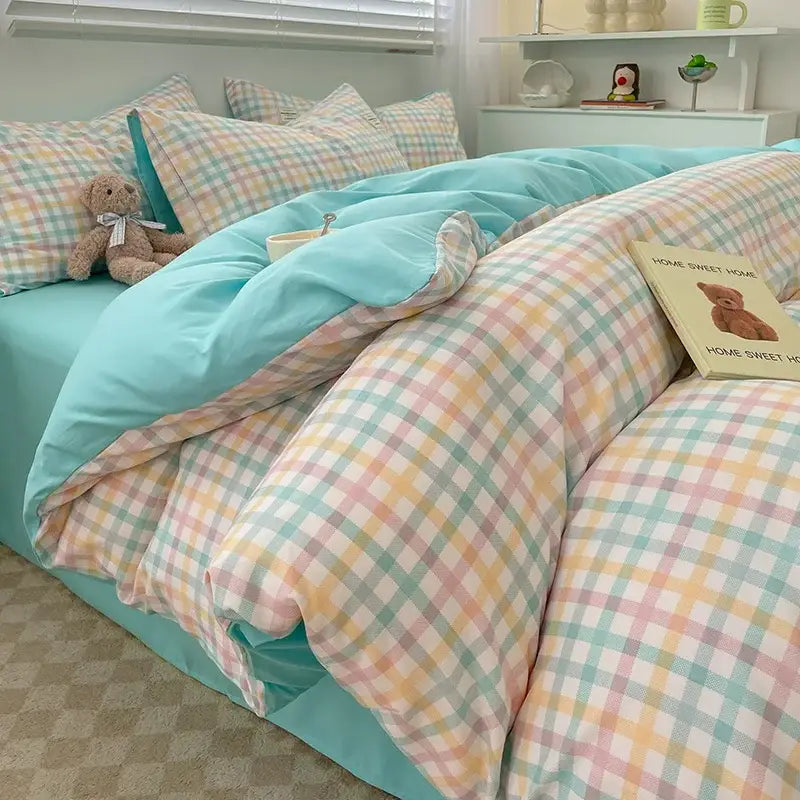 Decorbites nordic plaid cotton bedding set queen king with pastel checkered duvet cover in mint green and peach tones