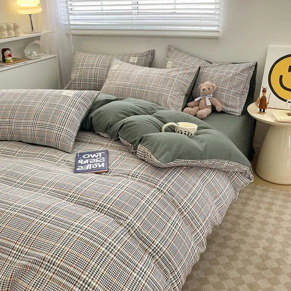 DecorBites™ nordic plaid cotton bedding set with muted green duvet and earthy beige, brown, and gray pillows