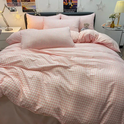Decorbites™ nordic plaid cotton bedding set queen king with pink and white gingham pattern design