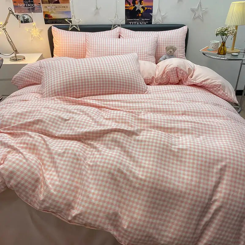 Decorbites™ nordic plaid cotton bedding set queen king with pink and white gingham pattern design