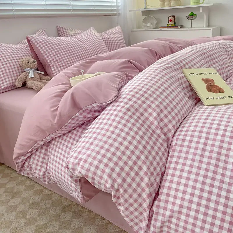 DecorBites nordic plaid cotton bedding set in pink and white gingham with a soft plush texture queen king size