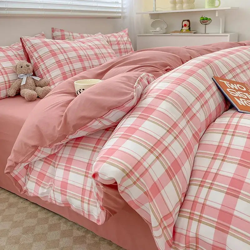 Pink and white nordic plaid cotton bedding set with soft cozy texture by decorbites queen king size
