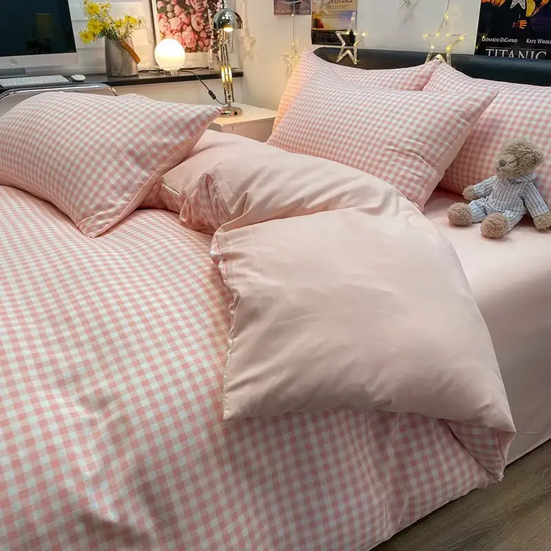 Pink and white gingham nordic plaid cotton bedding set with soft satin-like fabric from decorbites queen and king sizes