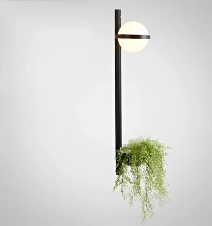 DecorBites™ nordic planter light sconce black pole-mounted with white globe and integrated hanging planter for greenery