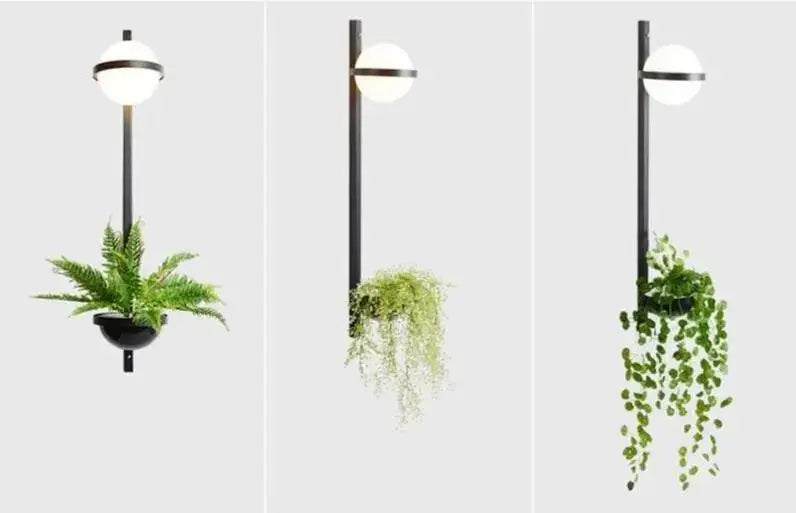Modern black DecorBites™ nordic planter light sconce with spherical glass shade and integrated hanging plant holder