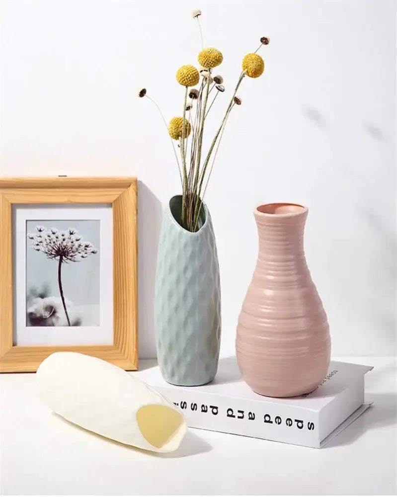 DecorBites™ nordic plastic vase in light green with textured diamond pattern holding dried yellow flowers for modern decor