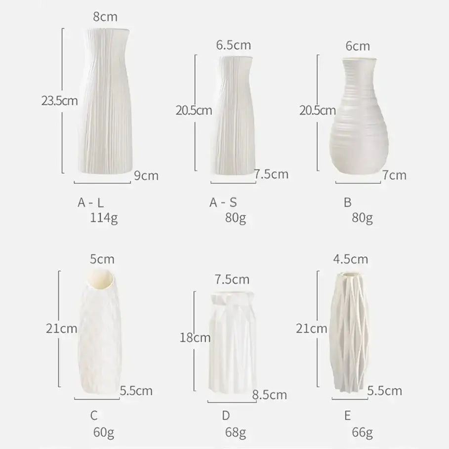 Decorbites™ nordic plastic vase set featuring white ribbed textured vases in varying sizes for modern home decor