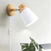 DecorBites™ moah nordic wall sconce with natural wood base and white conical shade minimalist plug in wall sconce