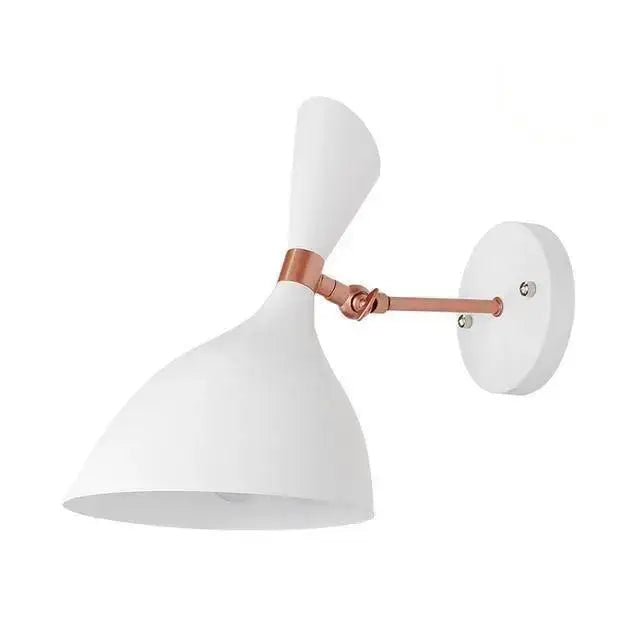 White matte-finished wall sconce with copper articulated arm and adjustable shade for easy installation and compact size makes decorbites nordic plug-in wall sconce