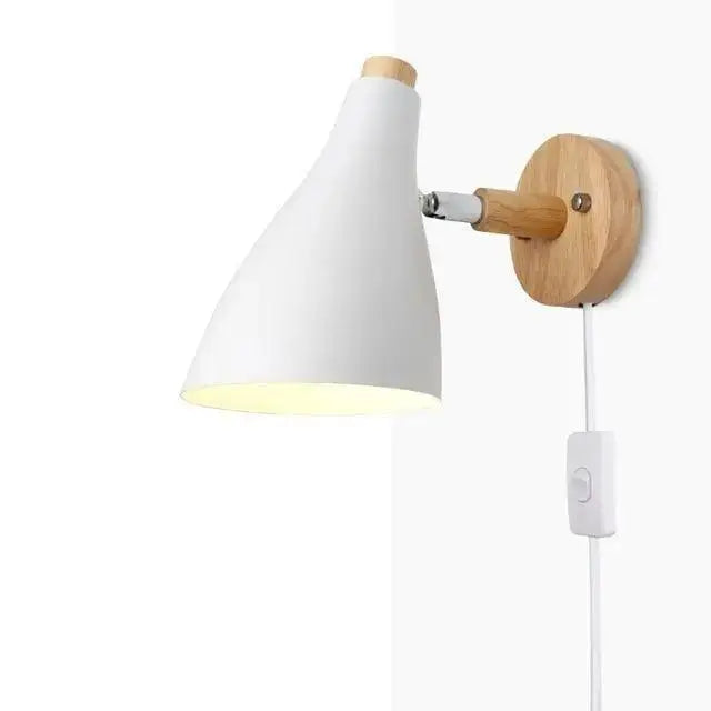 White conical wall sconce with wooden base and adjustable arm by DecorBites™ bo-ha majlene plug model