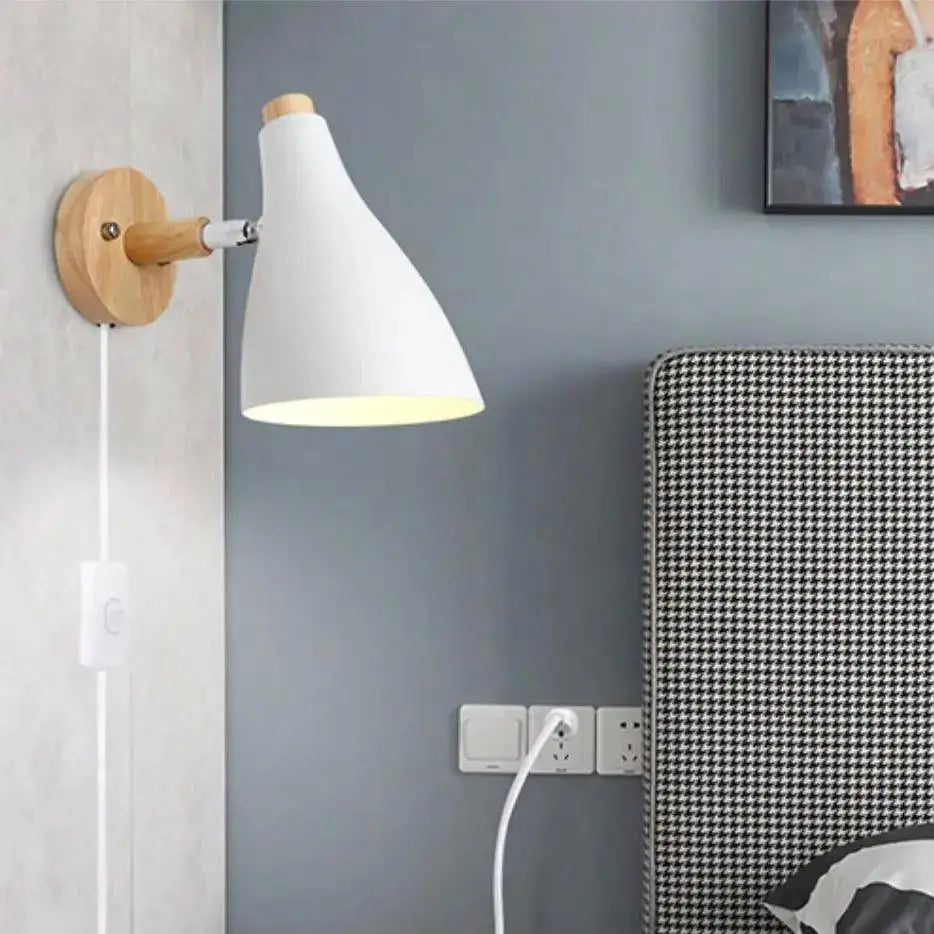 Decorbites nordic plug in wood wall sconce white conical design with wooden base and handle featuring bo-ha majlene style