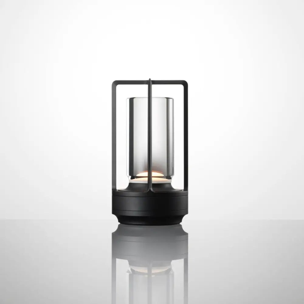 Decorbites™ nordic rechargeable table lamp with black frame glass cylinder and illuminated candle rechargeable table design