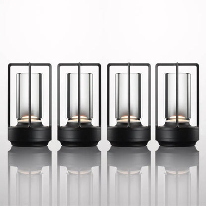 Black-framed DecorBites™ nordic rechargeable table lamp with frosted glass cylinders and warm LED lights