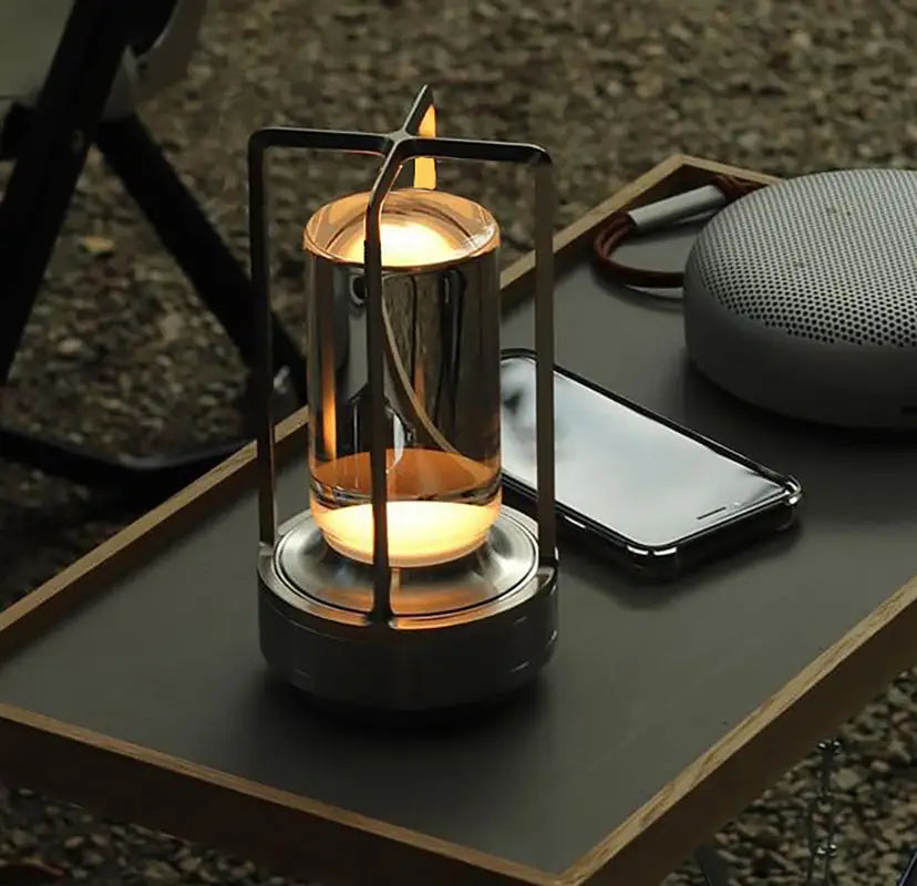 Decorbites™ nordic rechargeable table lamp with metallic frame and amber glass emits warm glow modern design