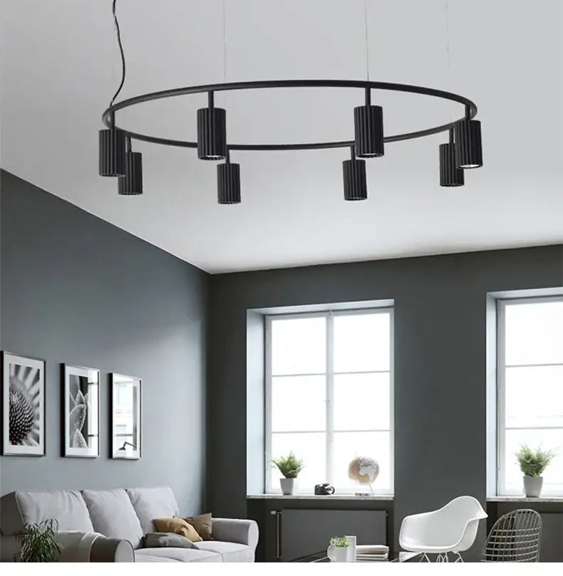 Black circular decorbites™ nordic rotatable chandelier with cylindrical bulbs arranged in a ring for dining and kitchen