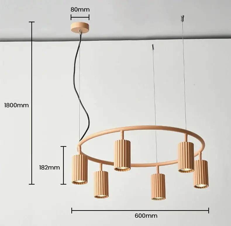 Modern wooden donna circle chandelier with five ribbed cylindrical shades suspended from 80mm ceiling mount