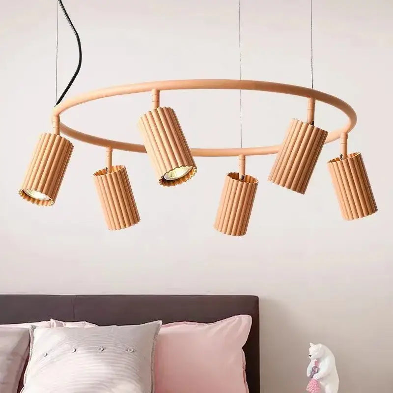 DecorBites™ nordic rotatable donna circle chandelier with six fluted natural wood shades for dining and kitchen