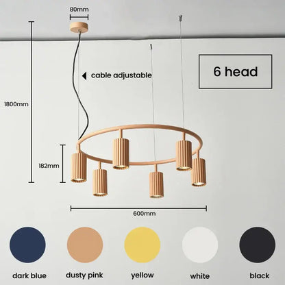 Modern minimalist donna circle chandelier with six cylindrical light heads on circular wooden frame in multiple colors