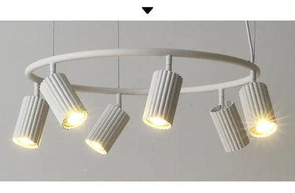 White circular decorbites™ nordic rotatable donna circle chandelier with five warm fluted spotlights for dining and kitchen
