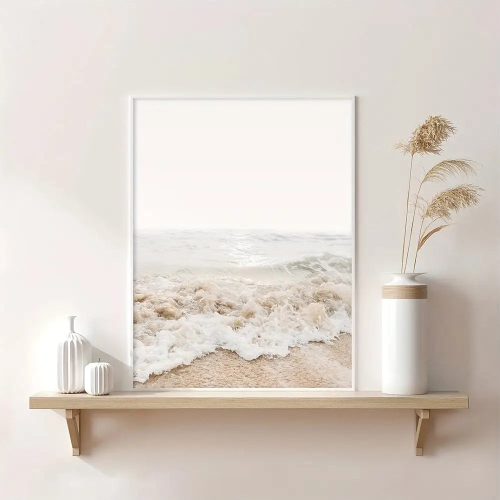 Minimalist white-framed nordic seascape canvas wall art featuring beach wave design by DecorBites™