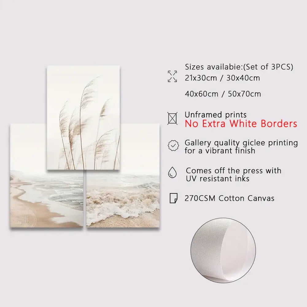 Set of three decorbites™ nordic seascape canvas wall art featuring beige reed silhouettes on 270gsm cotton seascape canvas