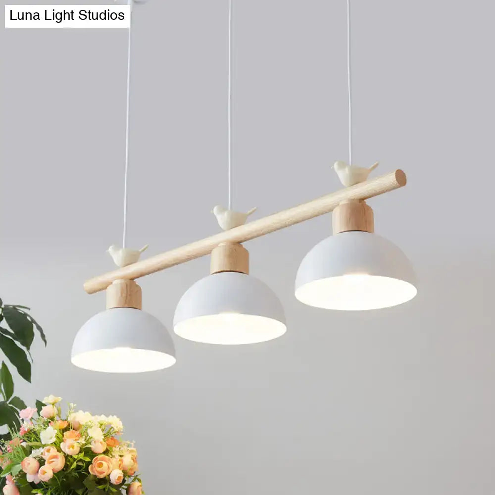 Decorbites™ nordic shaded hanging island light with three white ceramic shades wood bar and bird figurines accents