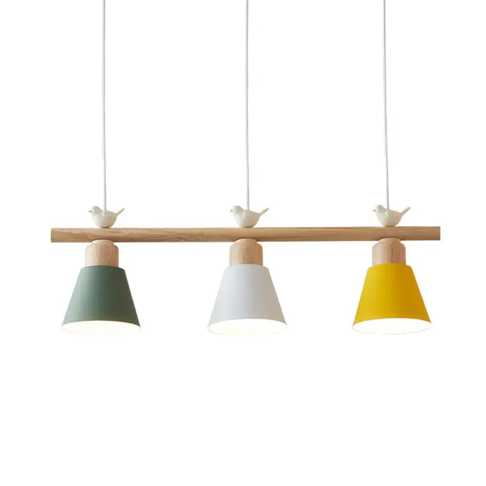 DecorBites™ nordic shaded 3-head metal pendant hanging island light with wooden bar and ceramic bird accents
