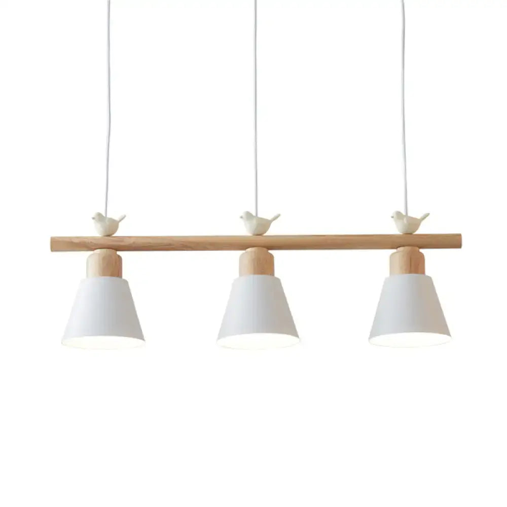 Decorbites™ nordic shaded hanging island light metal pendant with white ceramic shades, natural wood bar, and bird decor
