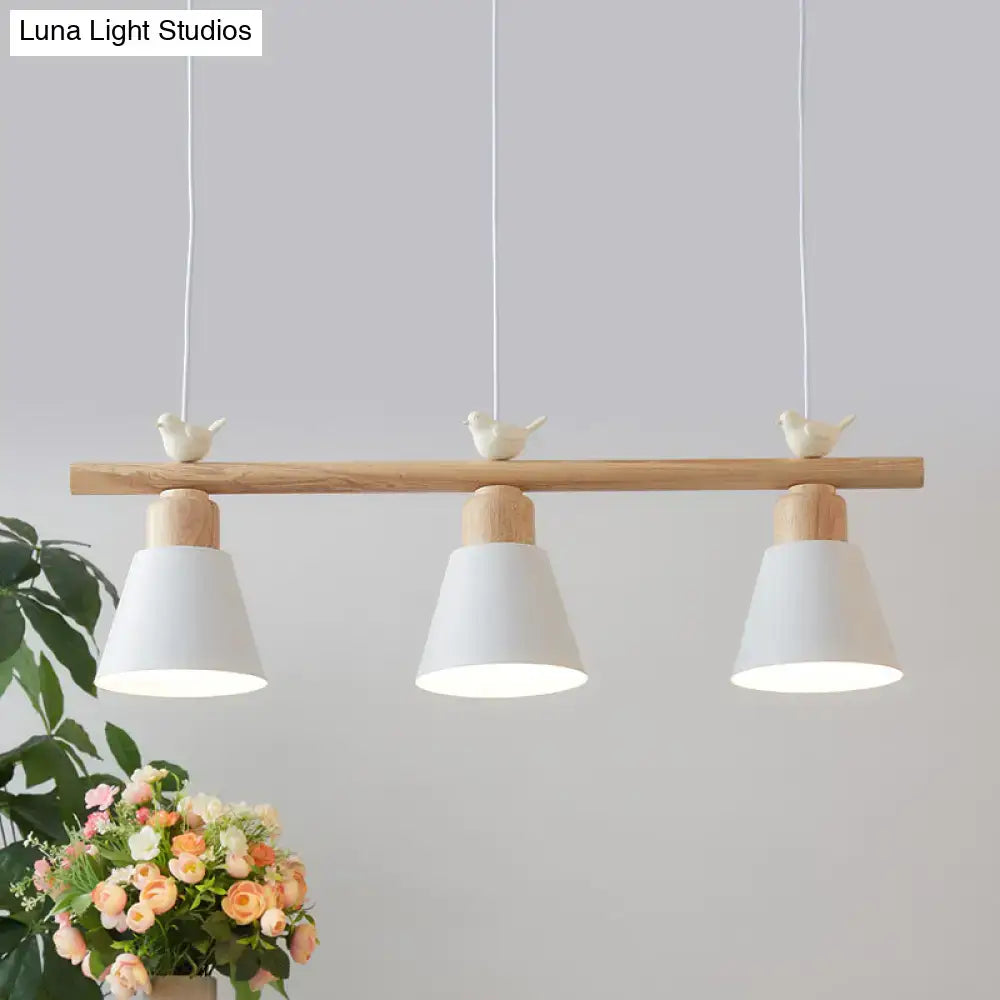 Decorbites nordic three-light hanging island light with natural wood bar white ceramic shades and bird decor