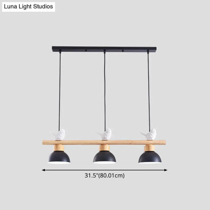 DecorBites™ Nordic style 3-light wood bowl pendant with black and white bird-themed metal shades and e26 e27 bulb base
