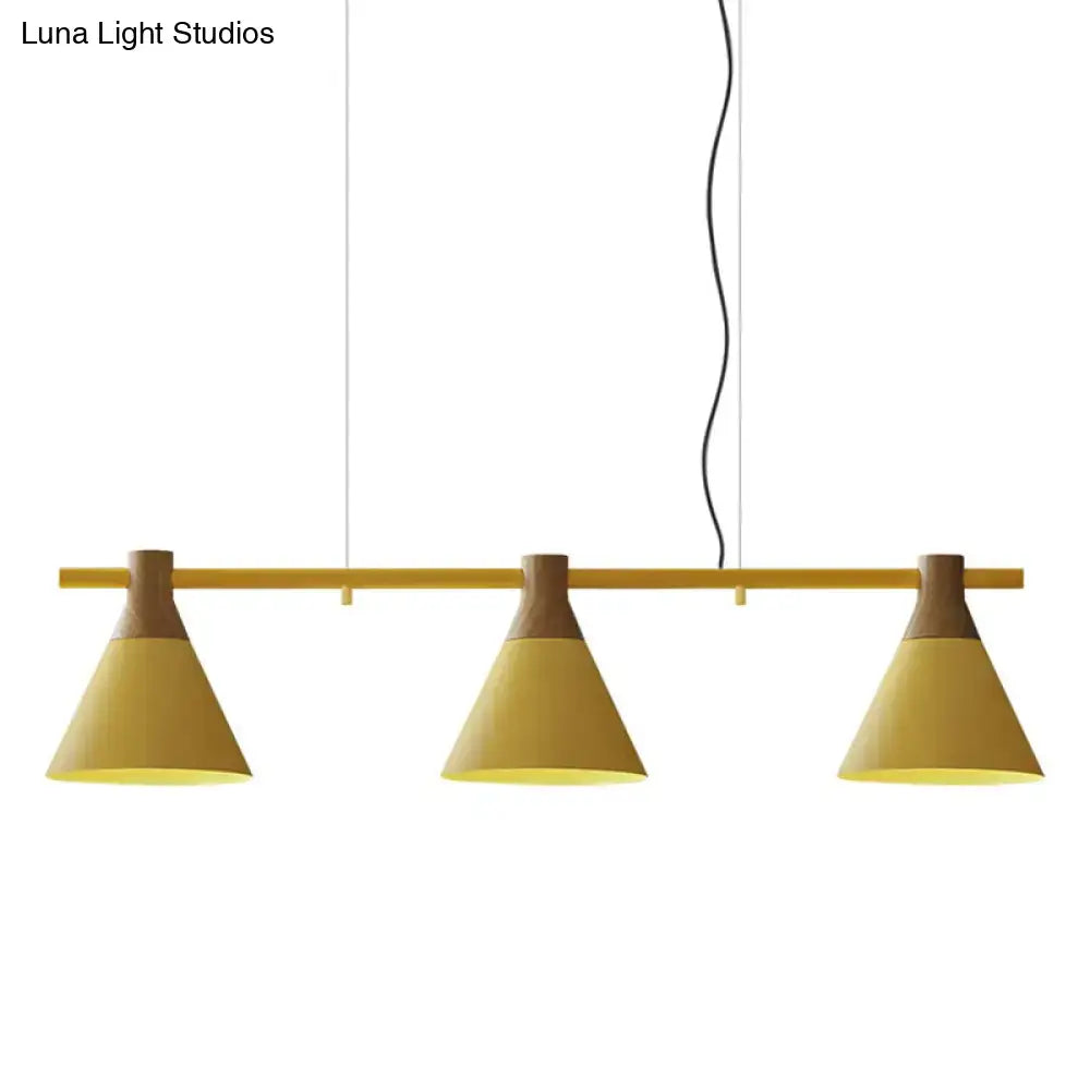 Decorbites nordic style pendant light with adjustable chain cord length, yellow conical metal shades, and wooden bar