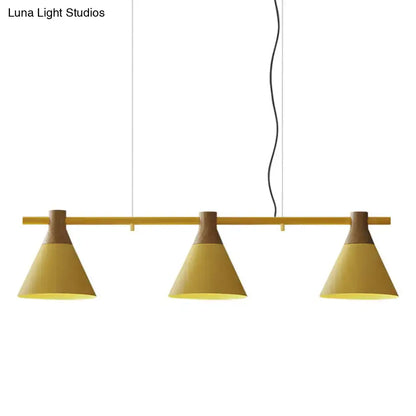 Decorbites nordic style pendant light with adjustable chain cord length, yellow conical metal shades, and wooden bar