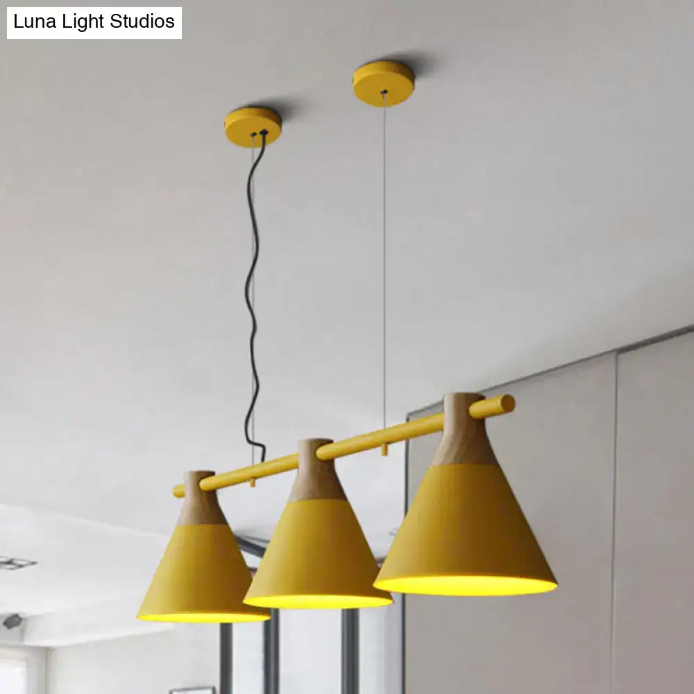 DecorBites™ nordic style yellow pendant light with adjustable chain cord length, wooden rod, and three conical metal shades
