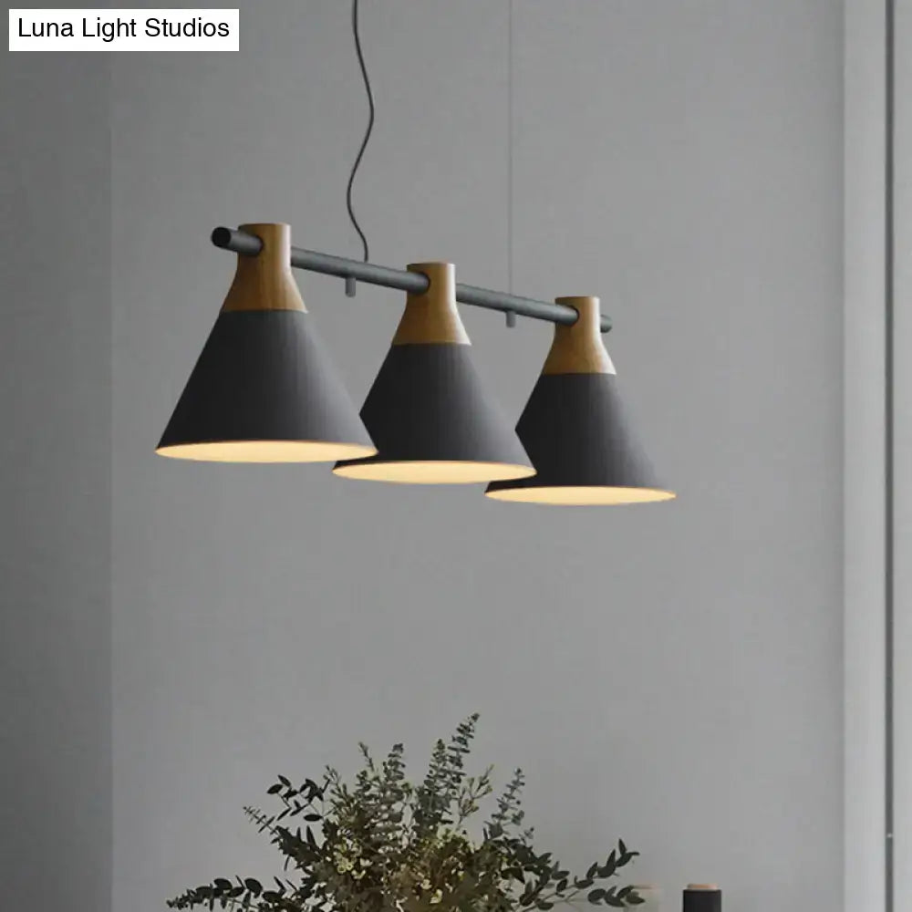 Decorbites™ nordic style pendant light with adjustable chain cord length and three matte black conical metal shades with wood accents